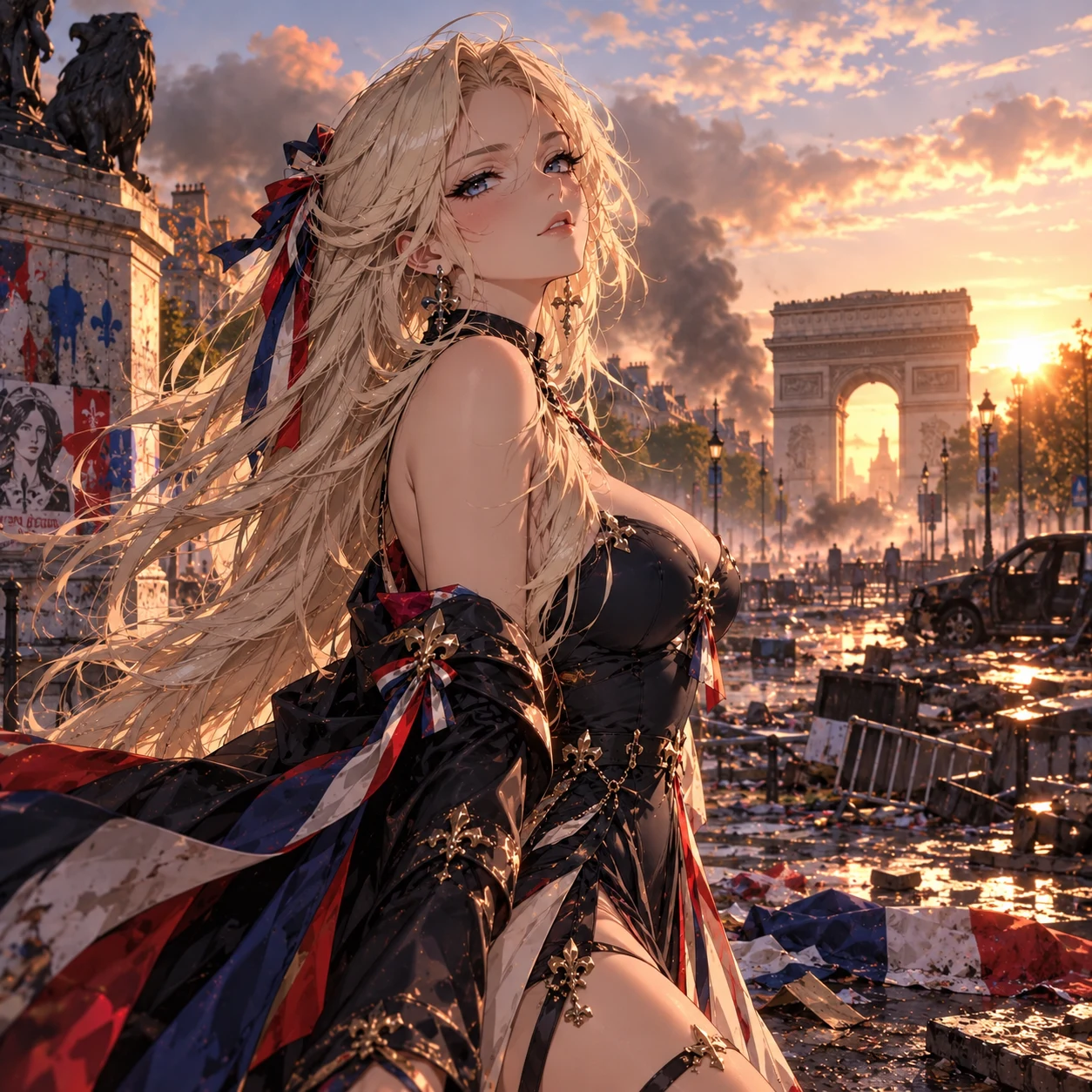 France-chan beside the Arc de Triomphe at a golden dawn