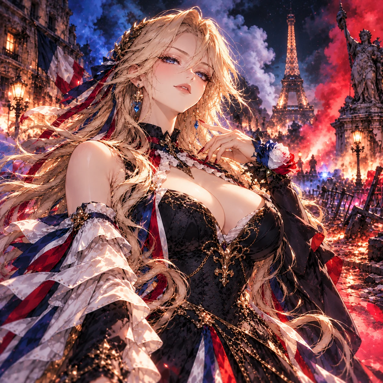 France-chan against red and blue smoke and the Eiffel Tower
