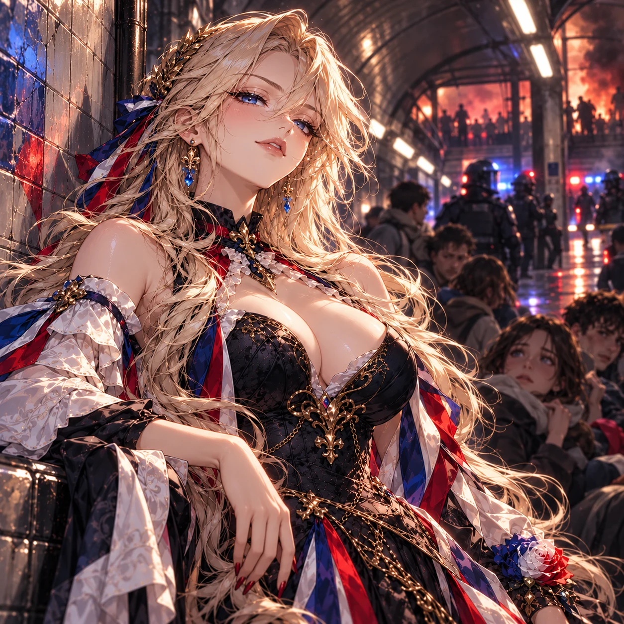 France-chan leaning against tiled walls in a fictional Paris metro scene