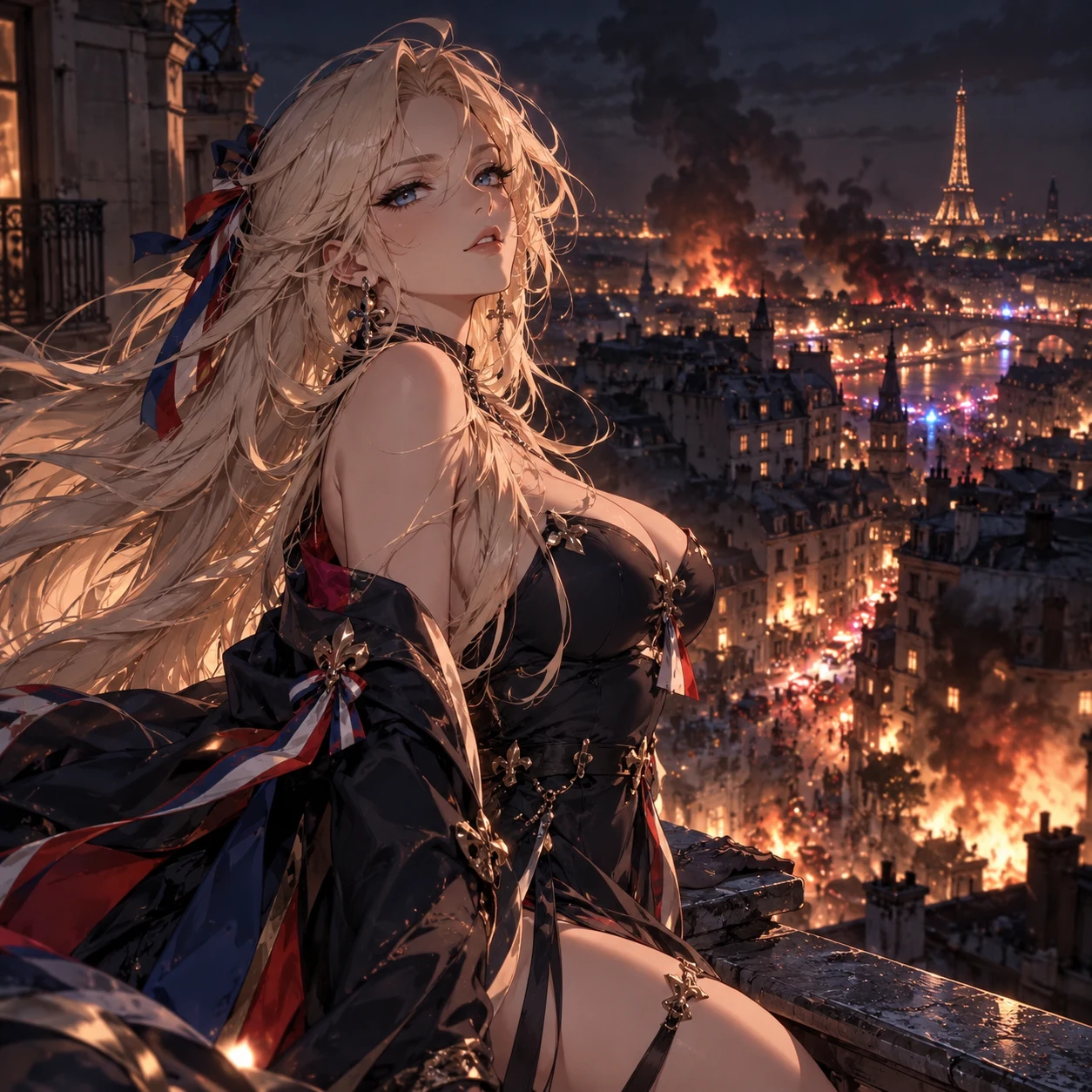 France-chan on a rooftop overlooking a dramatic illustrated Paris skyline