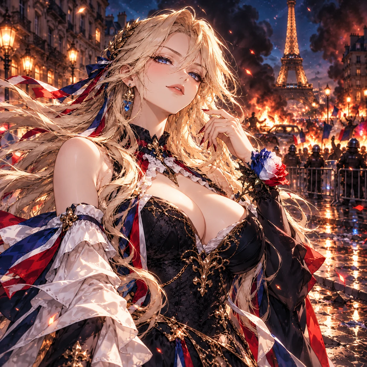 France-chan with flowing blonde hair and tricolour ribbons on a fiery fictional Paris street
